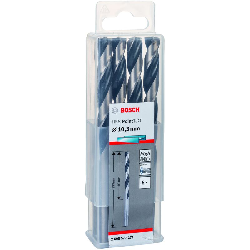 foto del prodotto bosch accessories 2608577271 hss pointteq 10,3 x 87 x 133 mm set da 5 pezzi di punte elicoidali per trapano per metallo, acciaio, fusione o
