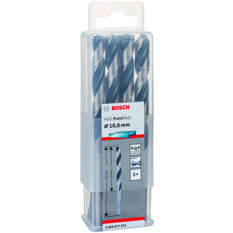 foto del prodotto bosch accessories 2608577274 hss pointteq 10,6 x 87 x 133 mm set da 5 pezzi di punte elicoidali per trapano per metallo, acciaio, fusione o