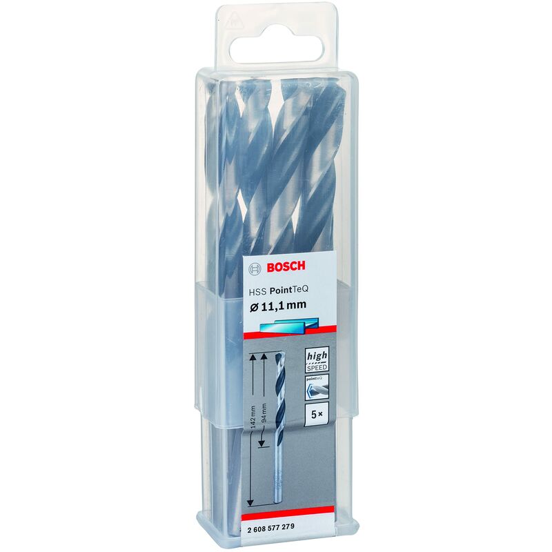 foto del prodotto bosch accessories 2608577279 hss pointteq 11,1 x 94 x 142 mm set da 5 pezzi di punte elicoidali per trapano per metallo, acciaio, fusione o
