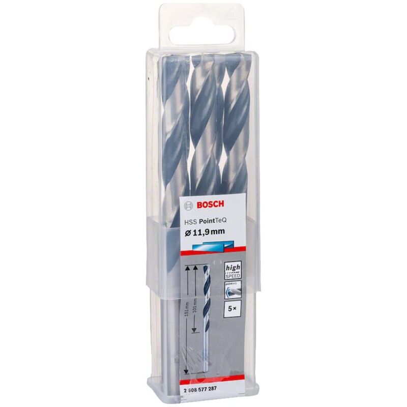 foto del prodotto bosch accessories 2608577287 hss pointteq 11,9 x 101 x 151 mm set da 5 pezzi di punte elicoidali per trapano per metallo, acciaio, fusione o