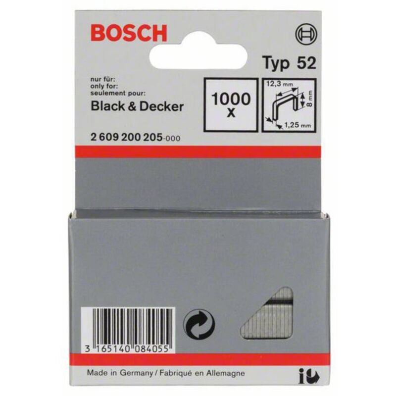 foto del prodotto bosch accessories 2609200205 graffette filo piatto tipo 52 1000 pz. dimensioni l x l 8 mm x 12.3 mm