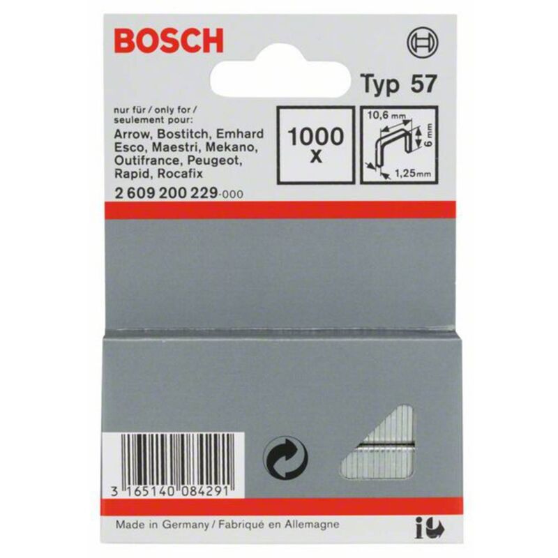 foto del prodotto bosch accessories 2609200229 graffette filo piatto tipo 57 1000 pz. dimensioni l x l 6 mm x 10.6 mm