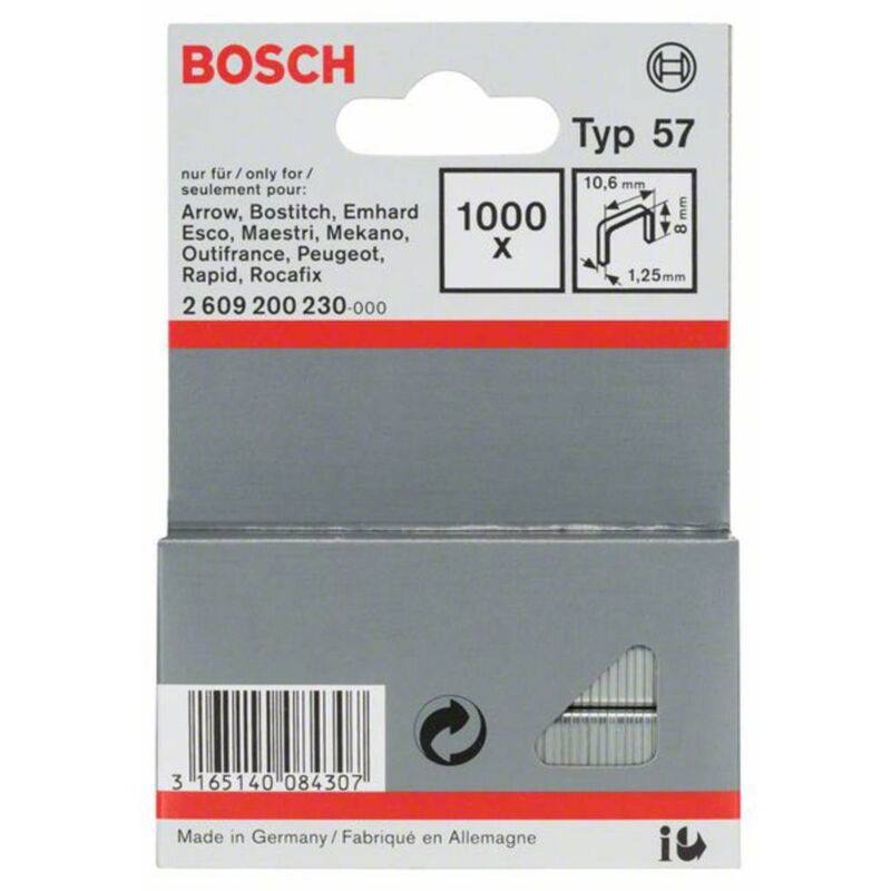 foto del prodotto bosch accessories 2609200230 graffette filo piatto tipo 57 1000 pz. dimensioni l x l 8 mm x 10.6 mm