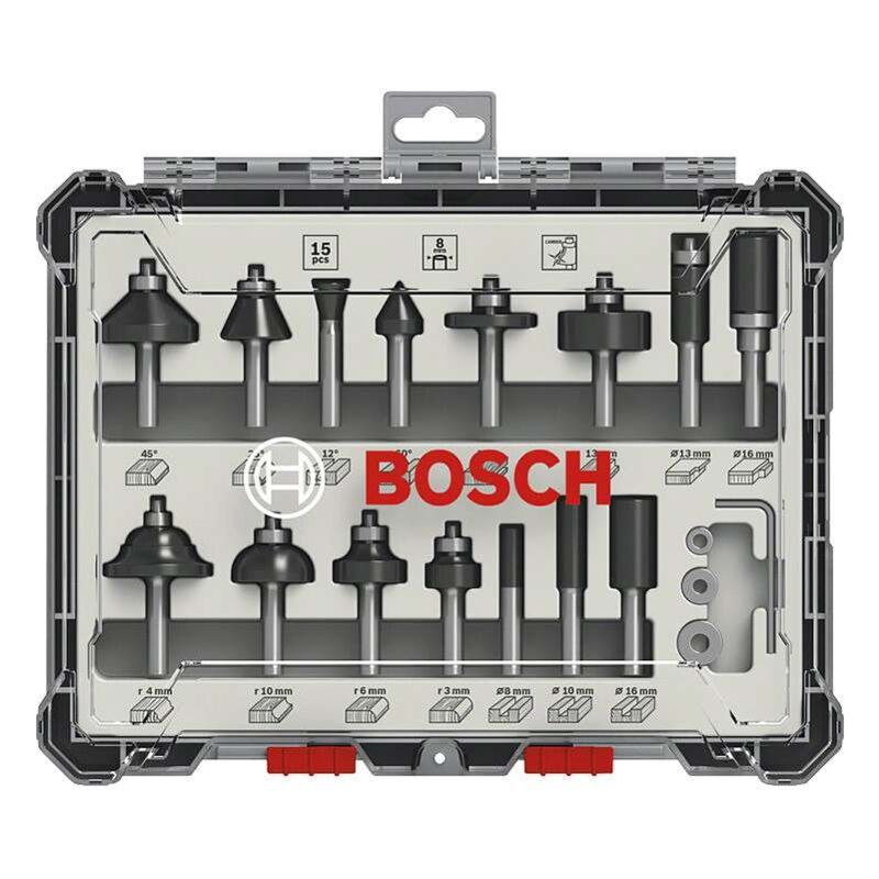foto del prodotto bosch confezione da 15 frese miste a codolo da 8 mm 2607017472
