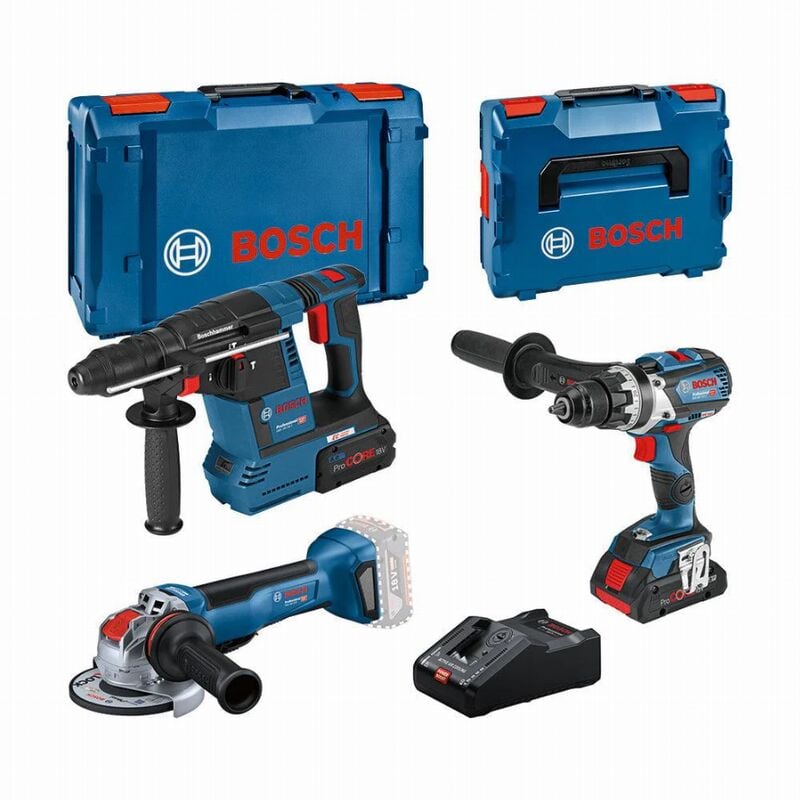 foto del prodotto bosch confezione da 3 utensili 18v perforatore trapano avvitatore smerigliatrice con 1 batteria 18v 4,0ah 1 batteria 8,0ah caricabatteria