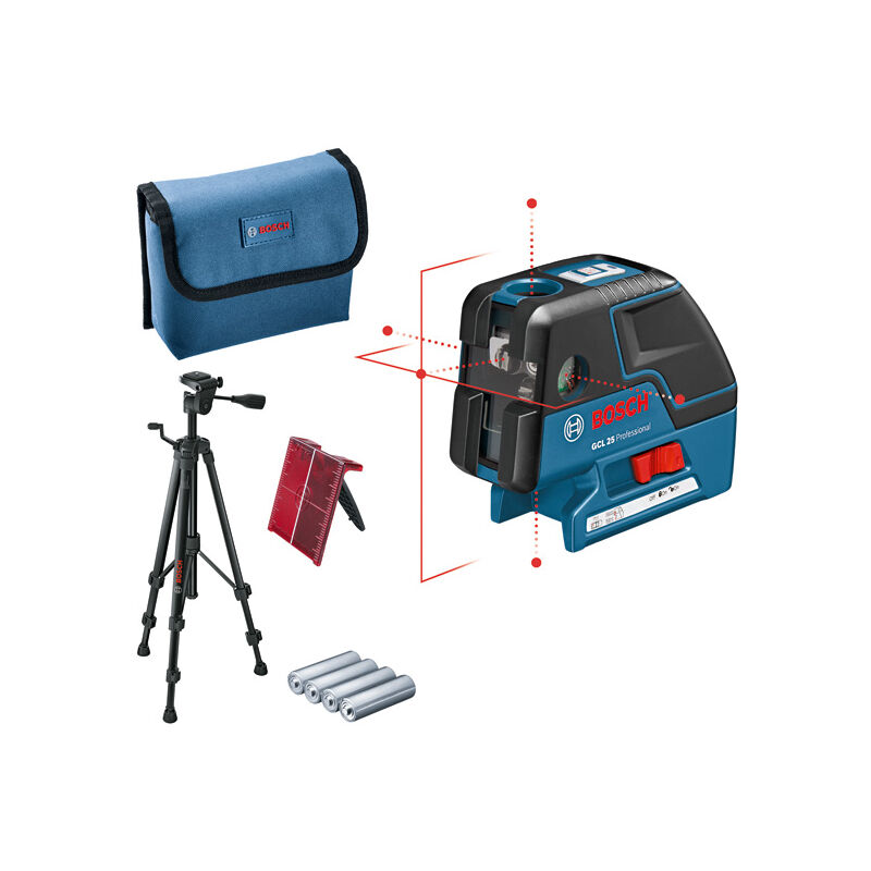 foto del prodotto bosch gcl 25 professional dot laser in un set con borsa di protezione treppiede da costruzione bt 150