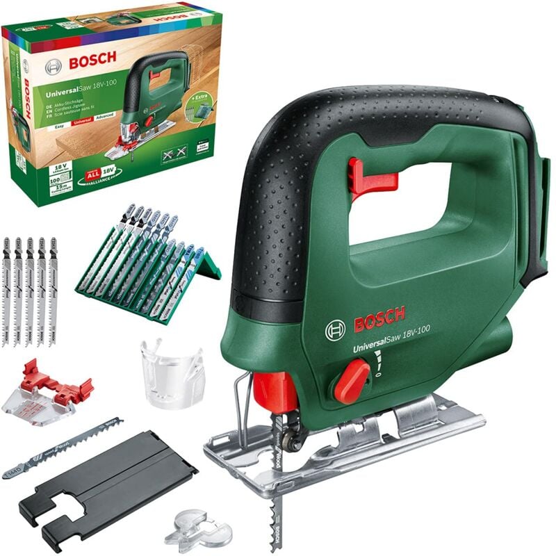 foto del prodotto bosch home and garden 0603011101 universalsaw 18v 100 senza batteria, sistema de 18 v, con set de 15 lame de sega de seghetto alternativo, in