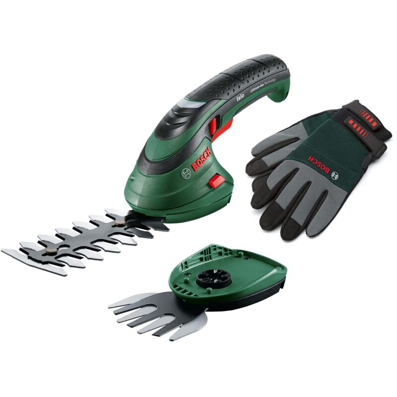 foto del prodotto bosch home and garden set forbici per erba a batteria isio 3,6 volt, lunghezza lama 12 cm, spessore di taglio 8 mm, con guanti da giardinaggio xl