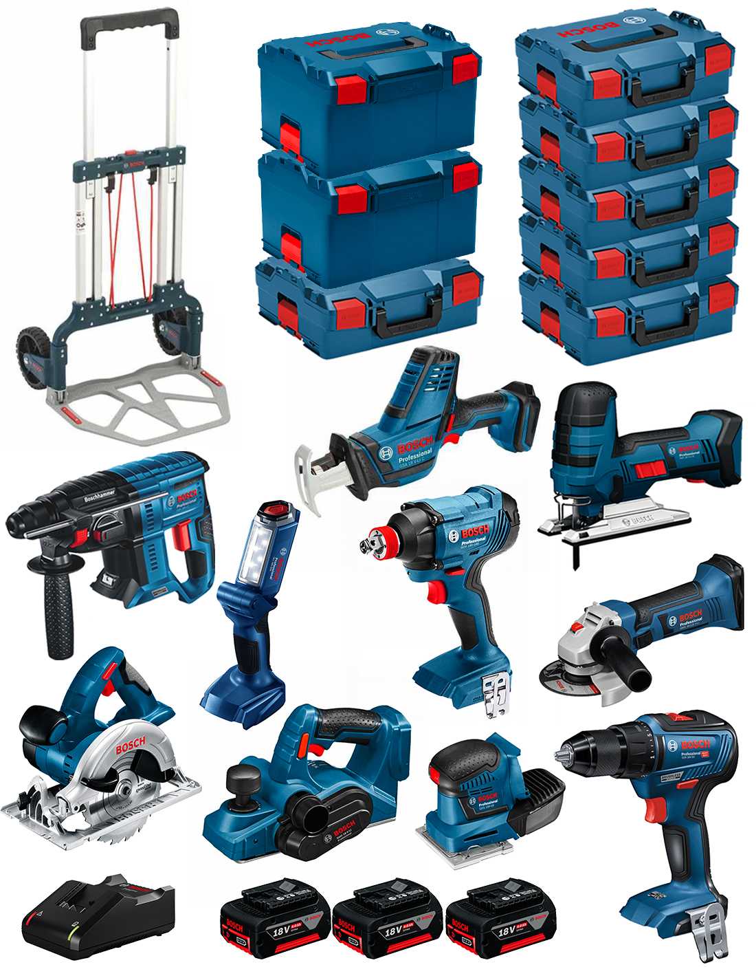 foto del prodotto bosch kit 18v bk1001 gst18v lis gks18v li gbh18v 21 gws18 125v li gsr18v 55 gsa18v lic gdx18v 180 gli18v 300 gho18v li 3x4,0ah 