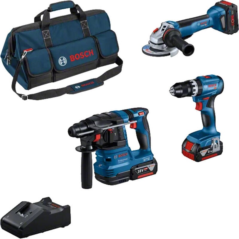 foto del prodotto bosch kit combo 18v con 3 utensili gsb 18v 45 gws 18v 10 gbh 18v 22 2 batterie 5,0 ah 1 batteria 5,5 ah procore gal 18 40 borsa