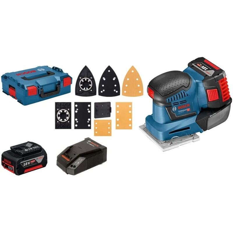 foto del prodotto bosch levigatrice vibrante gss 18v 10 2 batterie 18v 5.0ah, caricabatterie e valigetta 3 fogli abrasivi e 3 piastre 06019d0201