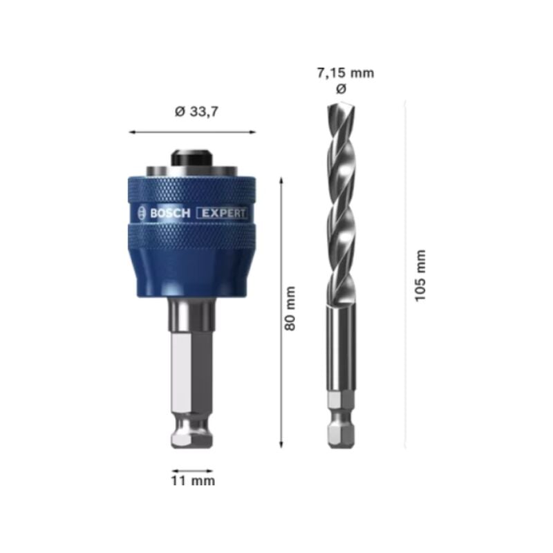 foto del prodotto bosch mandrino per sistema di seghe a tazza expert power change plus 11 mm, punta hss g 7,15 x 105 mm, 2 pz 2608900527
