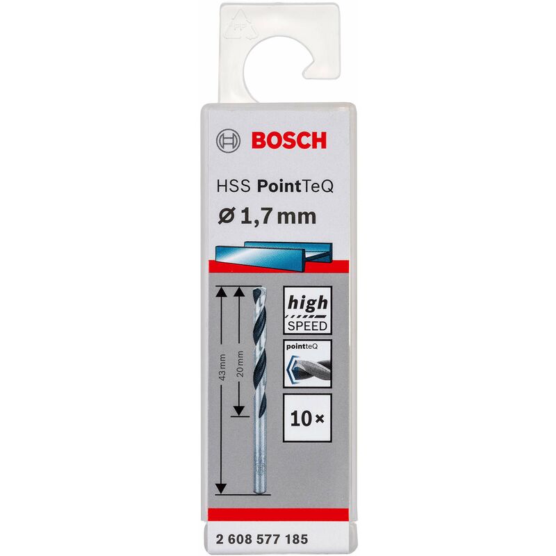 foto del prodotto bosch professional 2608577185 hss pointteq 1,7 x 20 x 43 mm set da 10 pezzi di punte elicoidali per trapano per metallo, acciaio, fusione o