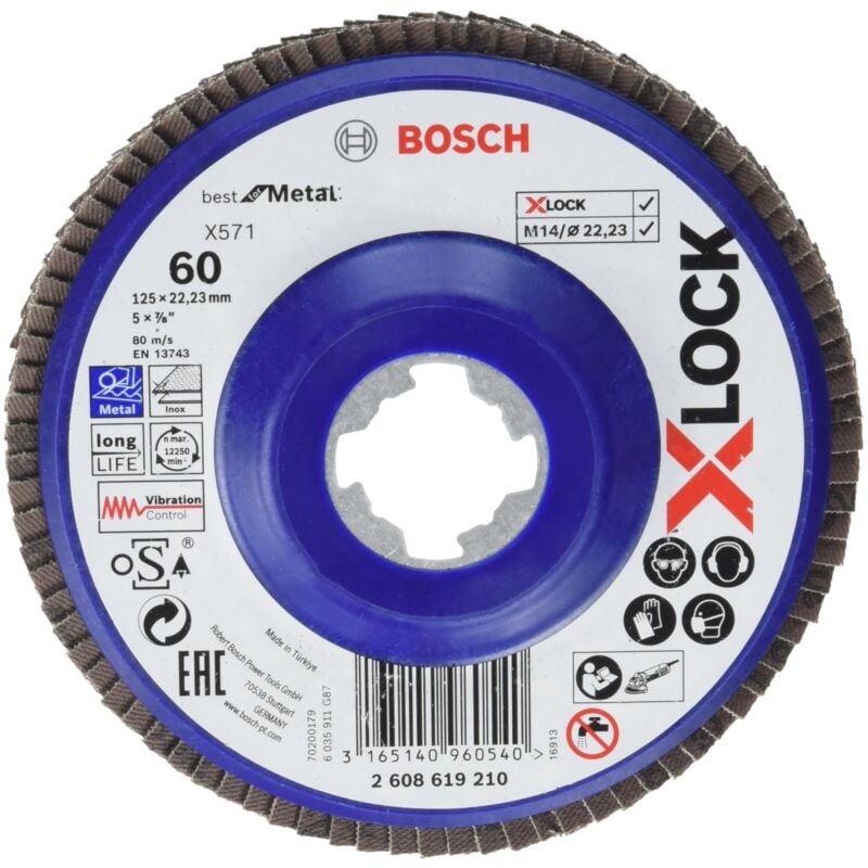 foto del prodotto bosch professional 2608619210 disco lamellare dritto, per metallo, x lock, x571, 125 mm, grana k60, diametro 22.23 mm