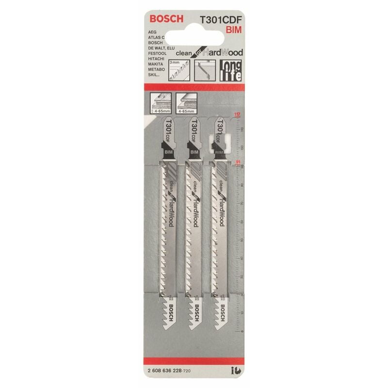 foto del prodotto bosch professional 3 x lame per seghetto alternativo t 301 cdf clean for hard wood per legno duro, straight cut, accessorio seghetto alternativo 