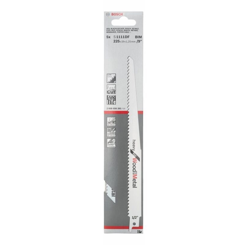 foto del prodotto bosch professional 5 pezzi di lame per sega universale s 1111 df heavy for wood and metal lunghezza 225 mm, accessorio per sega universale 