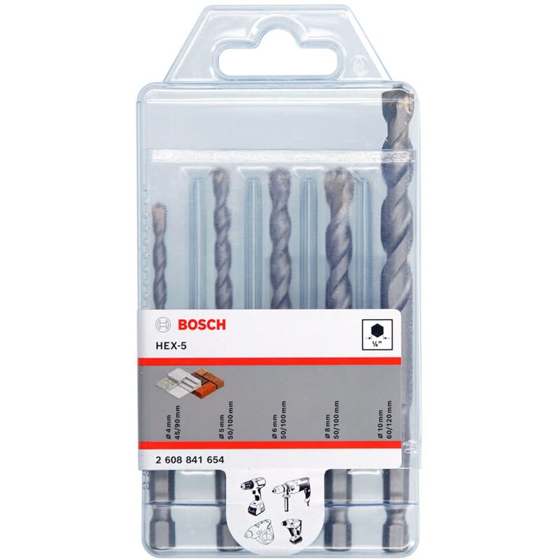 foto del prodotto bosch professional set di 5 punte da calcestruzzo hex 5 per calcestruzzo, 4 5 6 8 10 mm, accessori perforatrice a percussione 