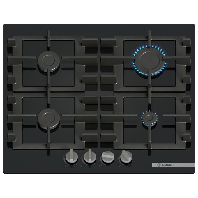 foto del prodotto bosch serie 4 pnp6b6k40 piano cottura a gas in vetro temperato 60 cm 4 fuochi griglie in ghisa nero