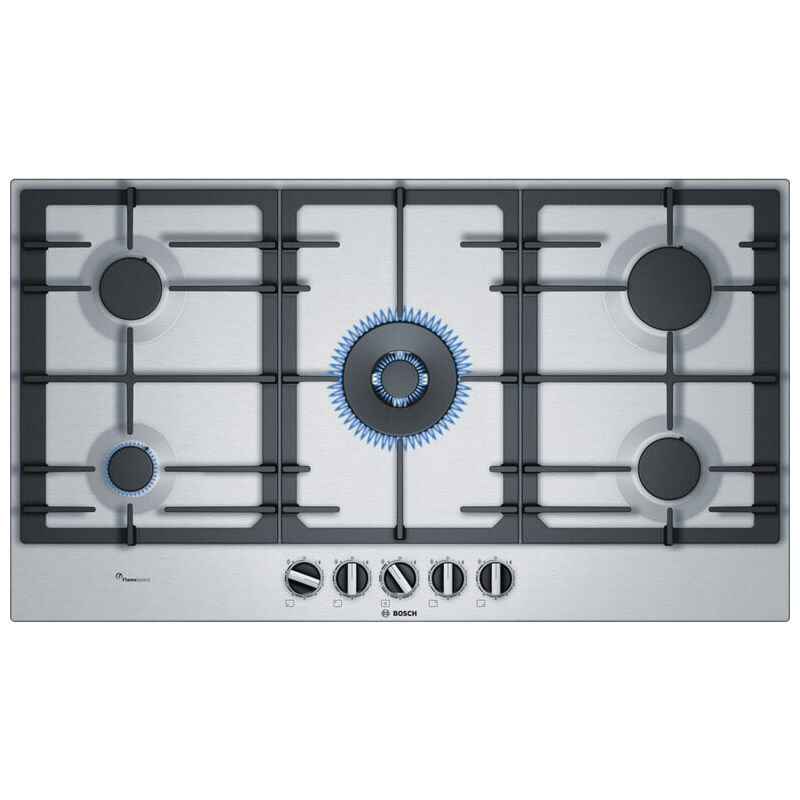 foto del prodotto bosch serie 6 pcr9a5b90 piano cottura nero, acciaio inossidabile da incasso gas 5 fornello i 