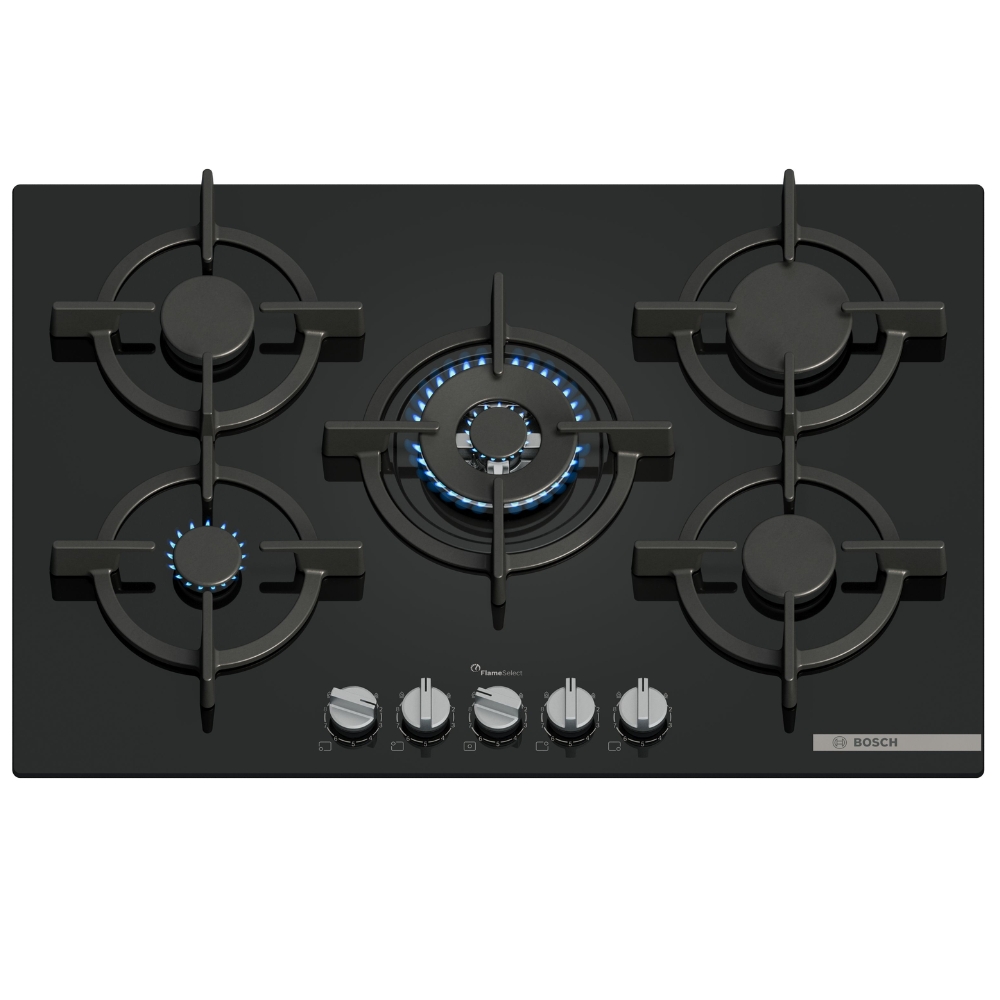 foto del prodotto bosch serie 6 ppq7a6i15 piano cottura a gas 75 cm 5 fuochi vetro nero. colore del prodotto nero, posizionamento dell apparecchio da incasso,