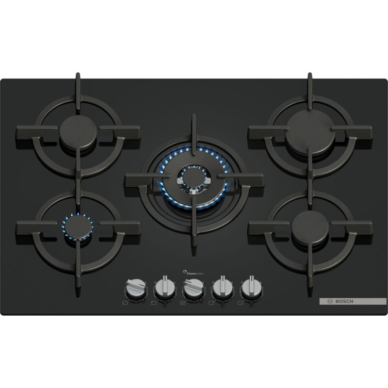foto del prodotto bosch - serie 6 ppq7a6i15 piano cottura a gas 75 cm 5 fuochi vetro nero. colore del prodotto: nero, posizionamento dell'apparecchio: da incasso, dimensione della larghezza del piano cottura: 75 cm. t...