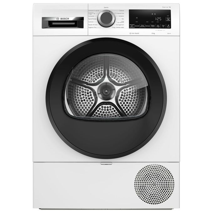 foto del prodotto bosch serie 6 wqg233c0it asciugatrice a pompa di calore 8 kg classe a rumorosita 64 db vapore iron assist programma hygiene plus filtro easy clean motore inverter bianco