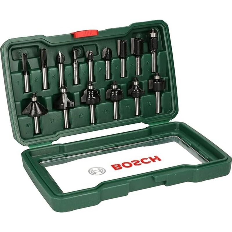 foto del prodotto bosch set da 15 pezzi di frese in metallo duro, per legno, 45 x 40 x 25 cm, verde