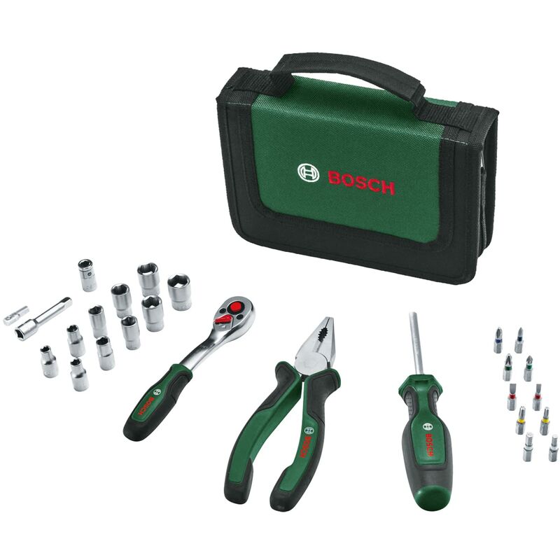 foto del prodotto bosch set di utensili manuali da 26 pezzi, kit compatto e portatile per progetti fai da te, ottimo da trasportare, cricchetto da 1 4 , pinze