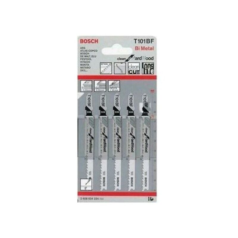 foto del prodotto bosch t101bf confezione da 5 lame per seghetto alternativo bimetalliche per legno duro passo 2,7 mm lunghezza 100 mm