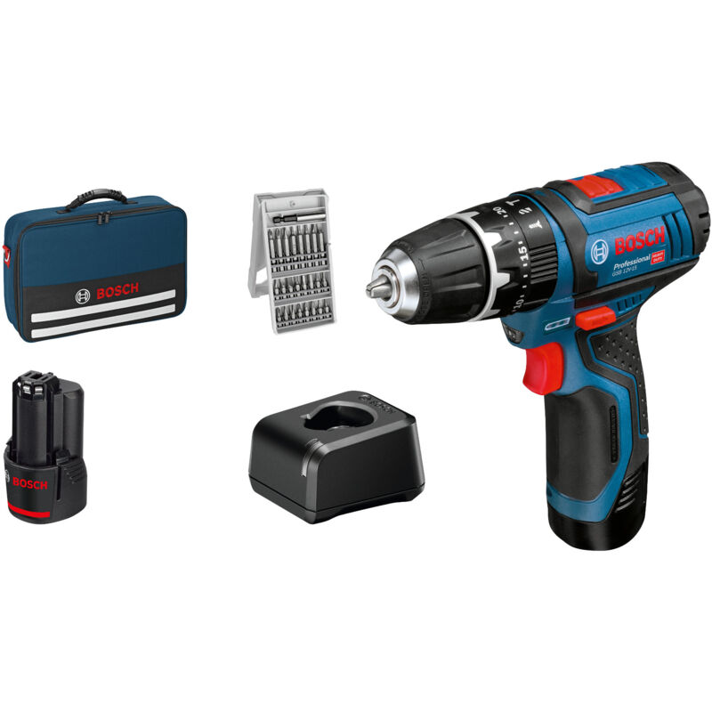 foto del prodotto bosch trapano a percussione a batteria gsb 12v 15 con 2 batterie da 2,0 ah caricabatterie in borsa