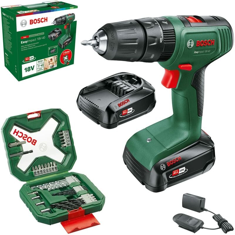 foto del prodotto bosch trapano,percussione a batteria easyimpact 18v 40 2x batteria da 2,0 ah, sistema 18 volt, set di cacciaviti e punte per legno, pietra e