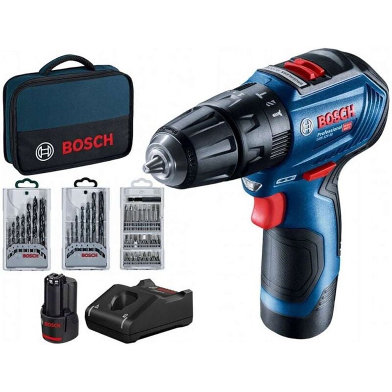 foto del prodotto bosch utensili trapano avvitatore aku da 12v con accessori, 2x batteria 2,0 ah li ion, caricatore 06019g9101