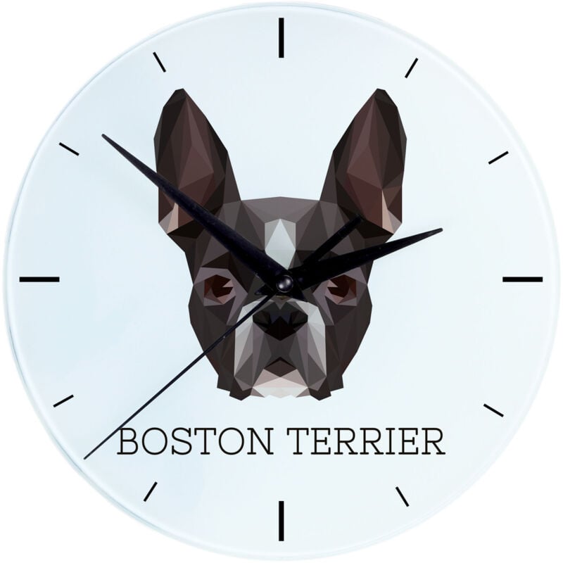 foto del prodotto boston terrier, boston bull terrier orologio da parete geometrico con foto e scritta di art dog