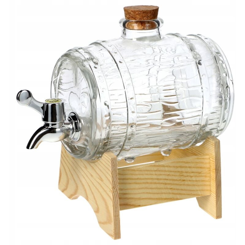 foto del prodotto botte in vetro con rubinetto e supportata da supporto in legno, ideale per conservare e dispensare con elegante bevande 1l kadax