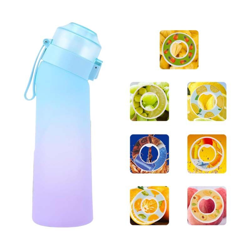 foto del prodotto bottiglia air aroma da 650 ml, 7 gusti diversi, borraccia sportiva profumata, senza bpa, 0 zucchero, con cannuccia e spazzola per la pulizia blu
