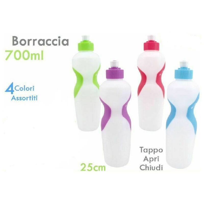 foto del prodotto bottiglia borraccia in plastica colorata 700ml sport scuola tappo apri chiudi trade shop traesio
