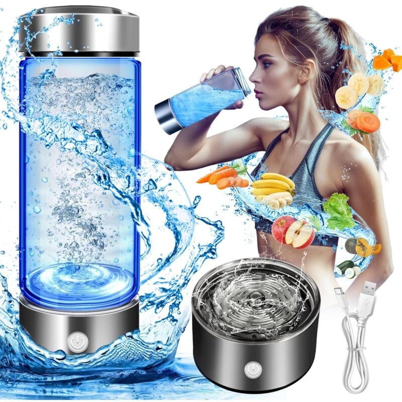 foto del prodotto bottiglia di idrogeno da 420 ml, macchina ionizzatrice portatile per acqua idrogenata, generatore di acqua idrogenata argento 