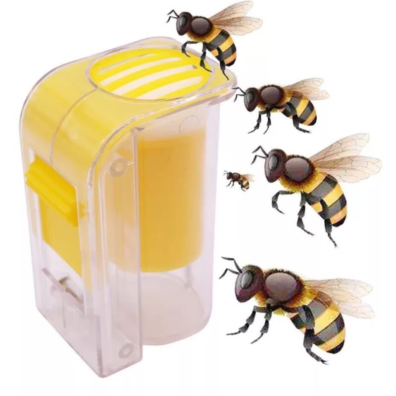 foto del prodotto bottiglia di plastica per marcatore di api regine strumento per apicoltura con una mano giallo