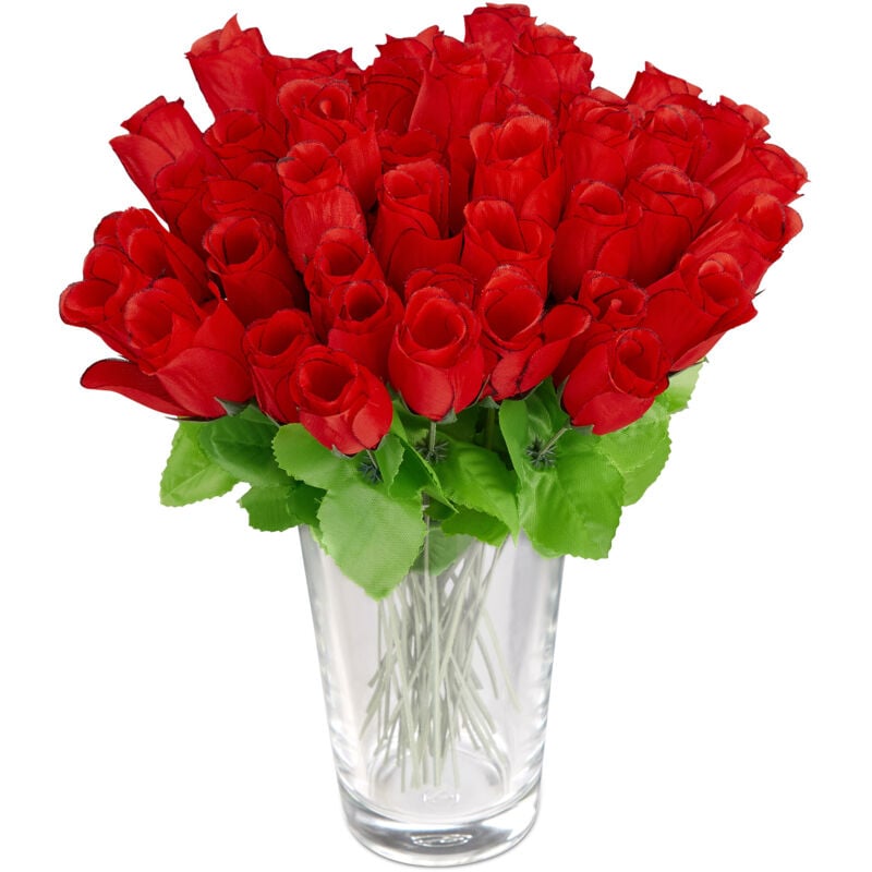 foto del prodotto bouquet di 96 rose, fiori finti, decorazione, mazzo con gambo e foglie, boccioli rossi, h 26 cm, rosso