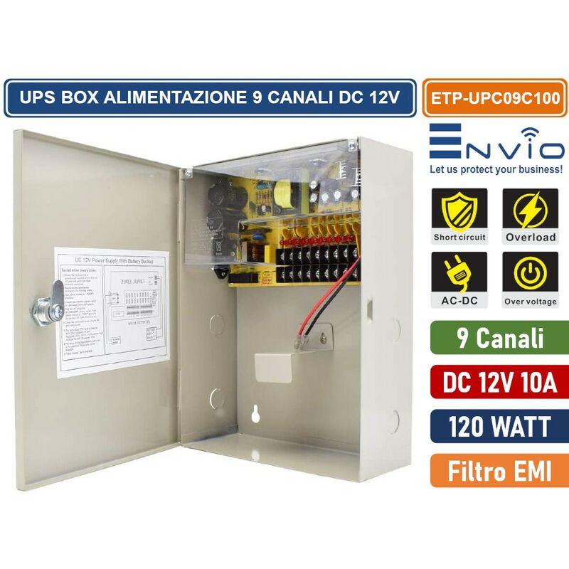 foto del prodotto box di alimentazione ups per videosorveglianza cctv dc 12v 10a 9 canali 120w