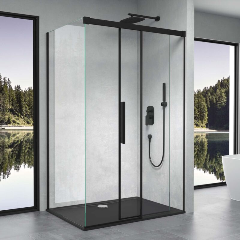 foto del prodotto box doccia 100x100x195cm, cabina doccia angolare con porta scorrevole soft-close in profilo nero vetro di sicurezza esg vetro trasparente incluso