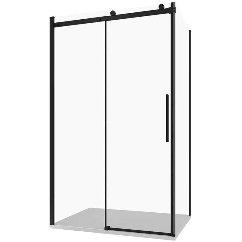 foto del prodotto box doccia 100x140 cm porta scorrevole e parete fissa profili in alluminio nero opaco vetro 8mm trasparente con trattamento easy-clean - reversibile