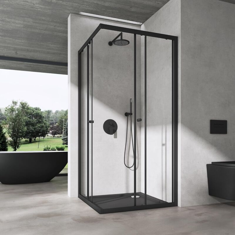 foto del prodotto box doccia 140x80x190cm, cabina doccia con porte scorrevoli vetro di sicurezza esg vetro trasparente 6mm ravenna16k plus, nero doporro