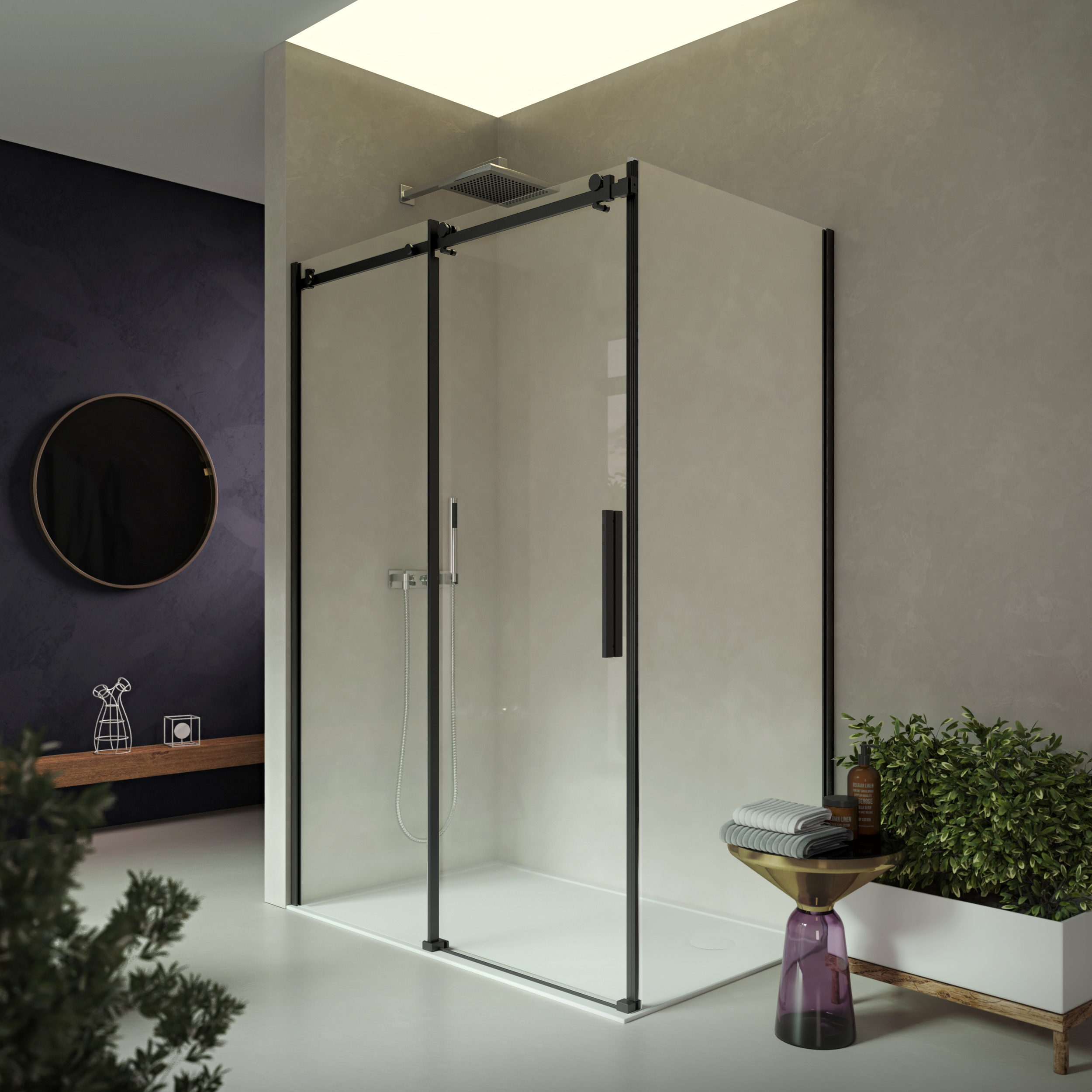 foto del prodotto box doccia 2 lati 100x90 cm h200 cm da 8mm profilo nero opaco lato fisso porta scorrevole laterale erika