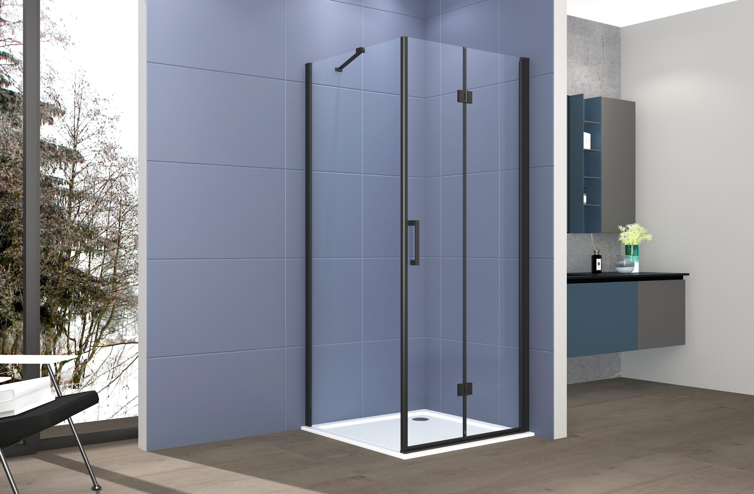 foto del prodotto box doccia 2 lati 70x120 cm fisso porta soffietto h200 cm cristallo 6mm profilo nero opaco zaira