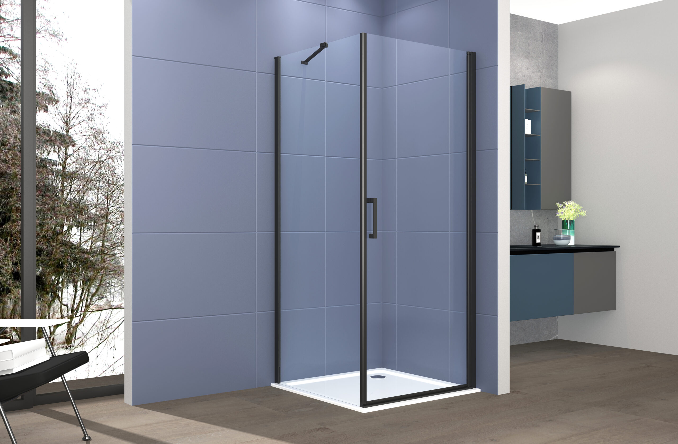 foto del prodotto box doccia 2 lati 70x90 cm fisso porta 1 battente h200 cm cristallo 6mm profilo nero opaco lucio