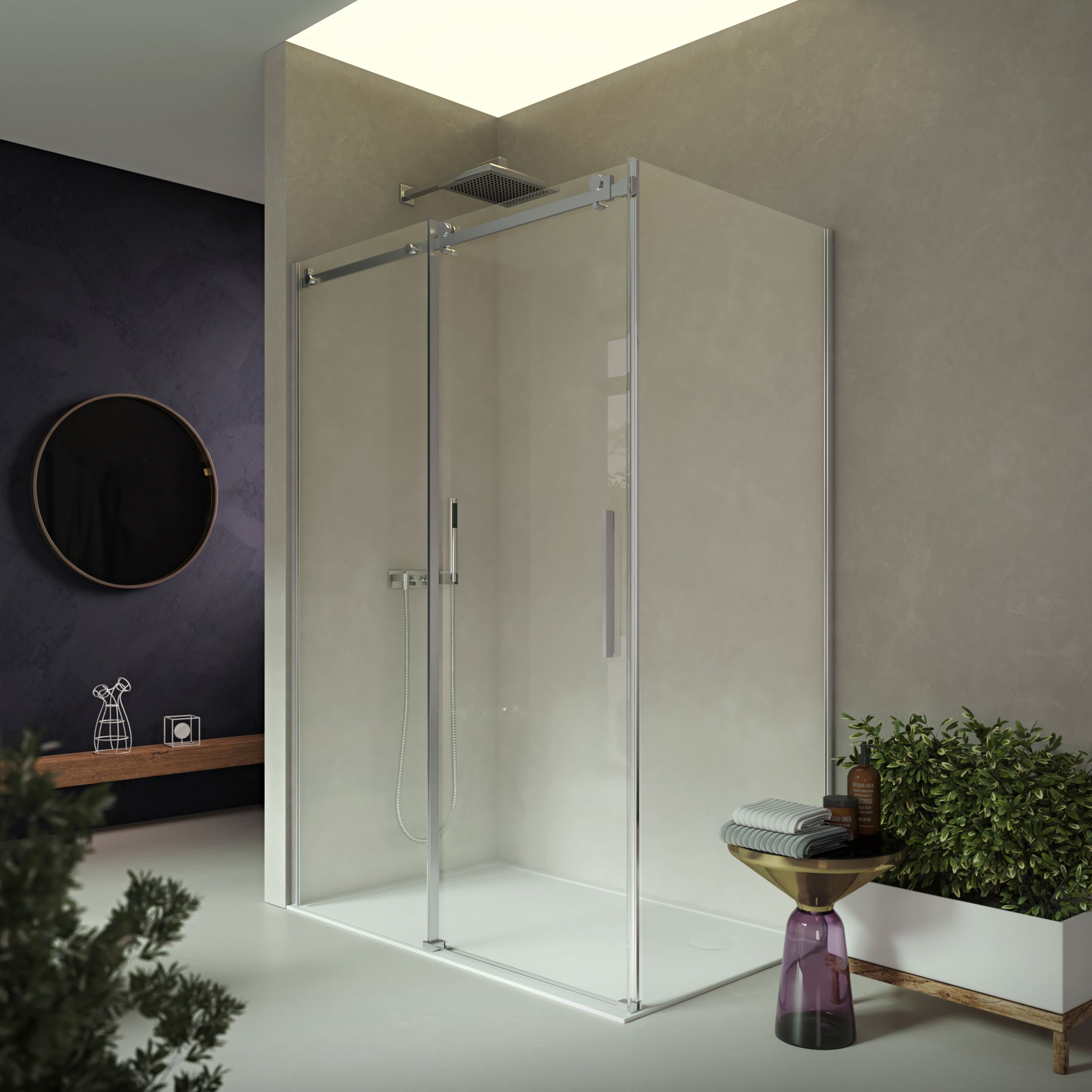 foto del prodotto box doccia 2 lati 70x90 cm h200 cm da 8mm profilo satinato lato fisso porta scorrevole laterale erika