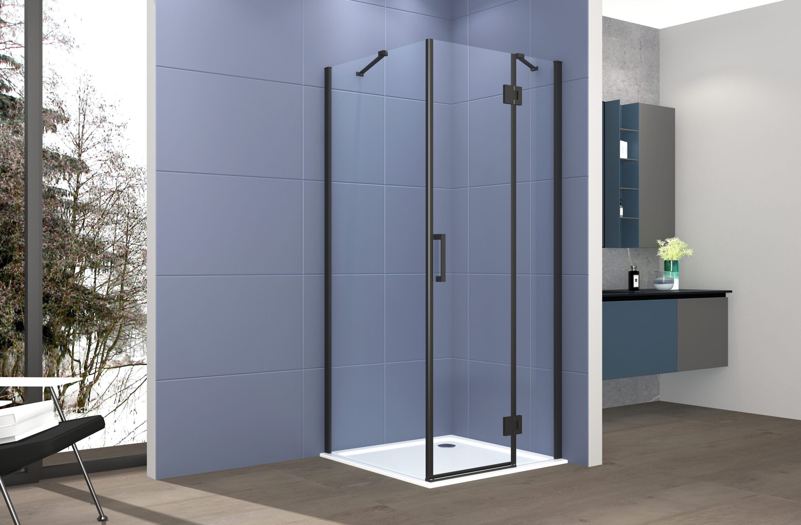 foto del prodotto box doccia 2 lati 90x90 cm fisso porta un battente h200 cm cristallo 6mm profilo nero opaco pippo