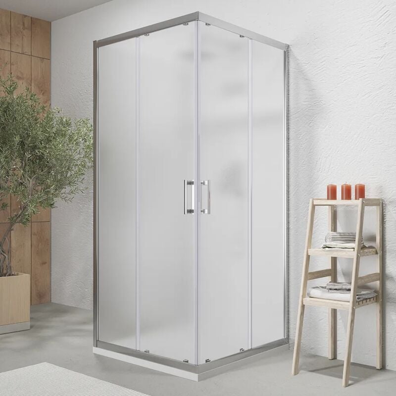 foto del prodotto box doccia 3 lati 70x70x70 cm con doppia anta scorrevole e parete fissa profili in alluminio cromato vetro opaco 6 mm h190 reversibile mod. tremiti