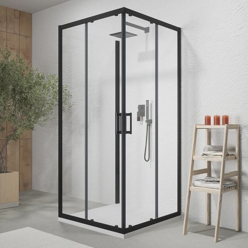 foto del prodotto box doccia 3 lati 70x90x70 cm con doppia anta scorrevole e parete fissa profili in alluminio nero opaco vetro trasparente 6 mm h190 - reversibile